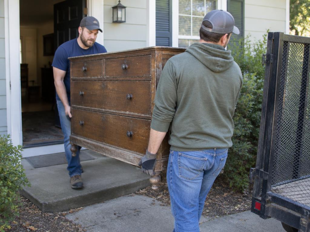 Illustrative photo of two workers carrying a dresser out of a home
